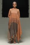 Buy_Urvashi Kaur_Multi Color Linen Crew Neck Rust Handwoven Block Printed Dress _at_Aza_Fashions