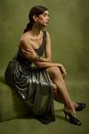 Buy_Babita Malkani_Gold Georgette One Shoulder Foil Dress _Online_at_Aza_Fashions