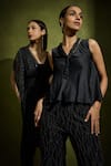 Babita Malkani_Black Satin, Tulle Beads, Sequins V-neck Flared Pant Set _Online_at_Aza_Fashions