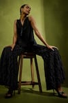 Babita Malkani_Black Satin, Tulle Beads, Sequins V-neck Flared Pant Set _at_Aza_Fashions