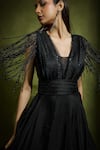 Shop_Babita Malkani_Black Satin, Georgette Beads V-neck Designer Dress _Online_at_Aza_Fashions