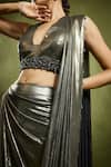 Babita Malkani_Gold Georgette Beads V-neck Foil Pre-draped Saree Set _Online_at_Aza_Fashions