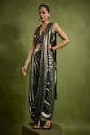 Buy_Babita Malkani_Gold Georgette Beads V-neck Foil Pre-draped Saree Set _at_Aza_Fashions