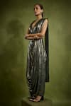 Shop_Babita Malkani_Gold Georgette Beads V-neck Foil Pre-draped Saree Set _Online_at_Aza_Fashions