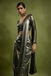 Babita Malkani_Gold Georgette V-neck Foil Pre-draped Saree Set _Online_at_Aza_Fashions