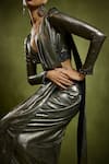 Shop_Babita Malkani_Gold Georgette V-neck Foil Pre-draped Saree Set _Online_at_Aza_Fashions