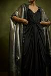 Babita Malkani_Black Satin, Georgette V-, Open Foil Dress And Cape _Online_at_Aza_Fashions