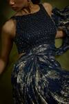 Babita Malkani_Navy Georgette Beads Round Neck Blue Designer Pre-draped Saree Set _Online_at_Aza_Fashions