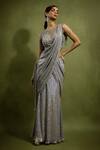 Buy_Babita Malkani_Silver Georgette Beads, Sequins Round Neck Holographic Saree Set _at_Aza_Fashions