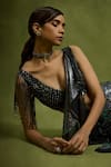 Babita Malkani_Black Georgette Beads Plunge Neck Holographic Saree Set _Online_at_Aza_Fashions
