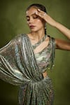 Babita Malkani_Green Georgette Sequins Asymmetric Holographic Pre-draped Saree Set _Online_at_Aza_Fashions