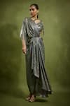 Buy_Babita Malkani_Green Georgette Sequins Asymmetric Holographic Pre-draped Saree Set _at_Aza_Fashions