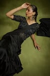 Babita Malkani_Black Satin, Tulle Embroidery, Beads, Designer Pre-draped Saree And Bodysuit _Online_at_Aza_Fashions