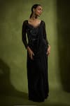 Buy_Babita Malkani_Black Satin Beads V-neck Designer Saree Gown _at_Aza_Fashions