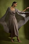 Buy_Babita Malkani_Gray Silk, Crepe, Tulle Scoop Neck, Open Metallic Grey Designer Dress And Cape Set _at_Aza_Fashions