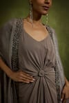 Babita Malkani_Gray Silk, Crepe, Tulle Scoop Neck, Open Metallic Grey Designer Dress And Cape Set _Online_at_Aza_Fashions