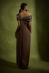 Shop_Babita Malkani_Brown Silk, Tulle, Crepe Sequins Off-shoulder Designer Dress _at_Aza_Fashions