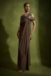 Buy_Babita Malkani_Brown Silk, Tulle, Crepe Sequins Off-shoulder Designer Dress _at_Aza_Fashions