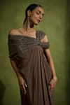 Babita Malkani_Brown Silk, Tulle, Crepe Sequins Off-shoulder Designer Dress _Online_at_Aza_Fashions