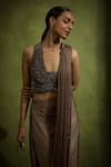 Buy_Babita Malkani_Brown Chiffon, Tulle Sequins V-neck Pre-draped Saree Set _Online_at_Aza_Fashions