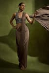 Buy_Babita Malkani_Brown Chiffon, Tulle Sequins V-neck Pre-draped Saree Set _at_Aza_Fashions