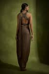 Shop_Babita Malkani_Brown Chiffon, Tulle Sequins V-neck Pre-draped Saree Set _at_Aza_Fashions