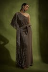 Buy_Babita Malkani_Brown Crepe, Silk, Tulle Sequins Asymmetric, One Shoulder Designer Kaftan Set _at_Aza_Fashions