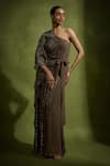 Babita Malkani_Brown Crepe, Silk, Tulle Sequins Asymmetric, One Shoulder Designer Kaftan Set _Online_at_Aza_Fashions