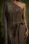 Buy_Babita Malkani_Brown Crepe, Silk, Tulle Sequins Asymmetric, One Shoulder Designer Kaftan Set _Online_at_Aza_Fashions
