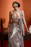 Babita Malkani_Silver Georgette Sequins, Beads Designer Shimmer Pre-draped Saree Set _Online_at_Aza_Fashions