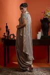 Shop_Babita Malkani_Gold Georgette Sequins Square Neck, Open Champagne Designer Blouse And Skirt Set _at_Aza_Fashions