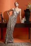 Buy_Babita Malkani_Gold Georgette One Shoulder Champagne Shimmer Dress _at_Aza_Fashions