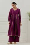 Musal_Purple Chanderi, Cotton, Lurex V-neck Hansa Bai Kurta Set _Online_at_Aza_Fashions