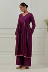 Buy_Musal_Purple Chanderi, Cotton, Lurex V-neck Hansa Bai Kurta Set _Online_at_Aza_Fashions