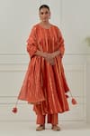 Buy_Musal_Orange Cotton, Lurex Zari Round Neck Naiki Devi Kurta Set _at_Aza_Fashions