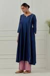 Musal_Blue Chanderi, Cotton, Lurex, Silk Organza V-neck Avantibai Kurta Set _Online_at_Aza_Fashions