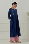 Buy_Musal_Blue Chanderi, Cotton, Lurex, Silk Organza V-neck Avantibai Kurta Set _Online_at_Aza_Fashions
