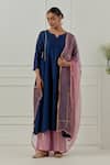 Buy_Musal_Blue Chanderi, Cotton, Lurex, Silk Organza V-neck Avantibai Kurta Set _at_Aza_Fashions