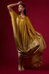Omana By Ranjana Bothra_Gold Silk Satin V-neck Kaftan _Online_at_Aza_Fashions