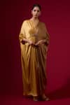 Buy_Omana By Ranjana Bothra_Gold Modal, Satin Embroidery V-neck Brown Kaftan _Online_at_Aza_Fashions