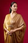 Shop_Omana By Ranjana Bothra_Gold Modal, Satin Embroidery V-neck Brown Kaftan _Online_at_Aza_Fashions