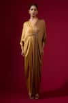 Buy_Omana By Ranjana Bothra_Gold Modal, Satin Embroidery V-neck Brown Kaftan _at_Aza_Fashions