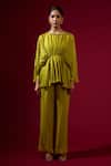 Shop_Omana By Ranjana Bothra_Green Silk , Round Neck Lime Top And Pant Set _Online_at_Aza_Fashions