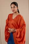 Buy_Omana By Ranjana Bothra_Orange Silk , V-neck Top And Blue Dull Pant _Online_at_Aza_Fashions