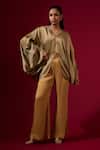 Buy_Omana By Ranjana Bothra_Gold Silk , Beads V-neck Top And Pant Set _at_Aza_Fashions