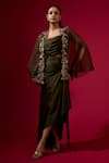 Buy_Omana By Ranjana Bothra_Green Silk , Crepe, Embroidery Round Army Designer Top And Skirt Set _at_Aza_Fashions
