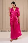 Buy_Omana By Ranjana Bothra_Pink Silk Satin Embroidery Collared Designer Kaftan _at_Aza_Fashions