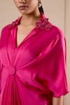 Shop_Omana By Ranjana Bothra_Pink Silk Satin Embroidery Collared Designer Kaftan _Online_at_Aza_Fashions
