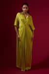 Buy_Omana By Ranjana Bothra_Lime Silk Satin Embroidery Collared Green Kaftan _at_Aza_Fashions