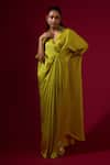 Omana By Ranjana Bothra_Lime Silk Satin Embroidery Collared Green Kaftan _Online_at_Aza_Fashions